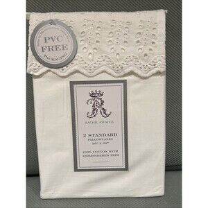 Rachel Ashwell Standard Pillowcases Pair Solid WHITE COTTON EMBROIDERED Trim New